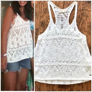 Hollister Crochet White Racerback Tank Coverup